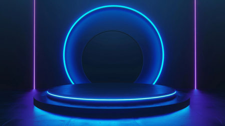 Futuristic Neon Blue Circular Stage With Purple Accents at Nightの素材