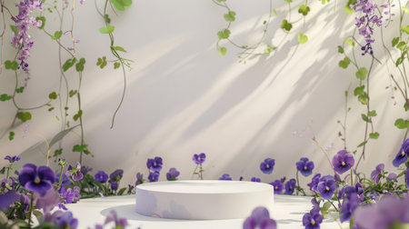 Sunlit Floral Display With Purple Violets and Green Foliage on a White Pedestal in the Afternoonの素材