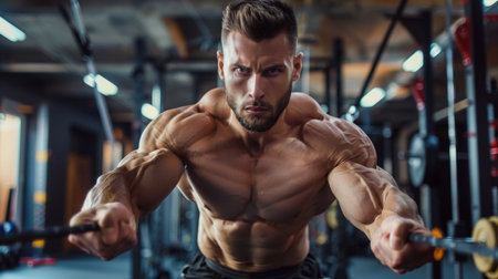 Muscular Man Performing Cable Chest Fly Exercise in Gymの素材