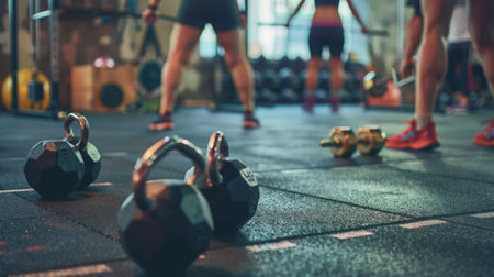Kettlebells and Dumbbells on the Gym Floor During a Workoutの素材