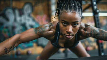 Woman With Braids Performs Push Ups During Workout In Gymの素材