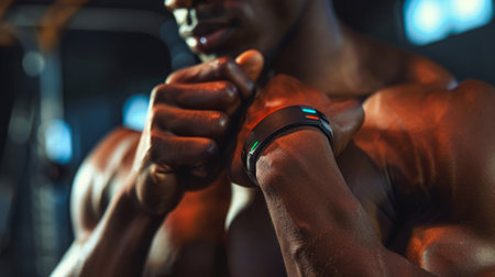 Close Up Of Man Wearing Fitness Tracker In Gym During Workoutの素材