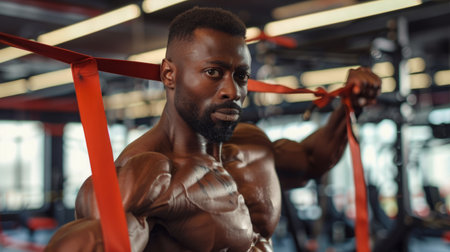 Muscular Man Performing Resistance Band Exercise in Gymの素材