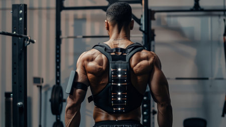 Muscular Man Wearing A Black Fitness Vest With Lighted Panels In A Gymの素材