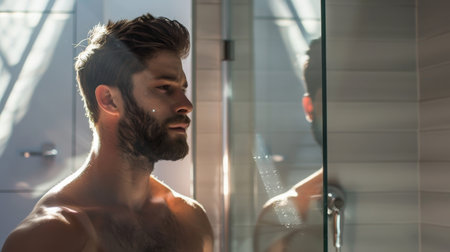Morning Routine: Man Grooming in Sunlit Bathroomの素材