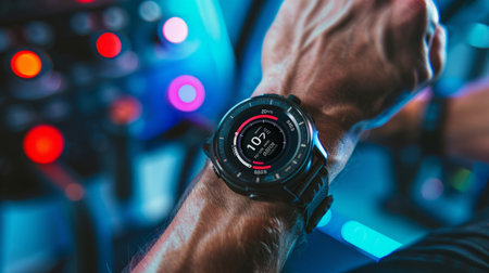 Close Up of a Persons Wrist Wearing a Black Smartwatch During a Workoutの素材