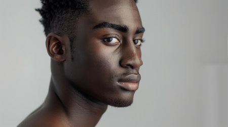 Portrait of a Young Black Man Against a Grey Backgroundの素材