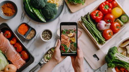Person Photographing Food Dish on Smartphone in Kitchen Settingの素材