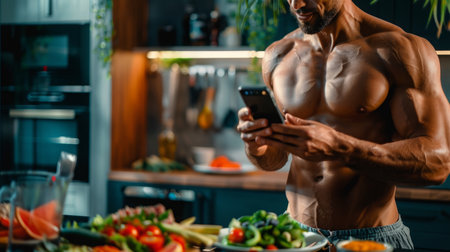Muscular Man Checking Phone While Preparing Healthy Meal in Kitchenの素材