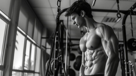 Muscular Man Posing In A Modern Gym With Large Windowsの素材