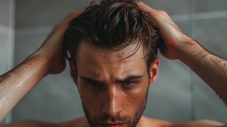Man Shampooing Hair in Showerの素材
