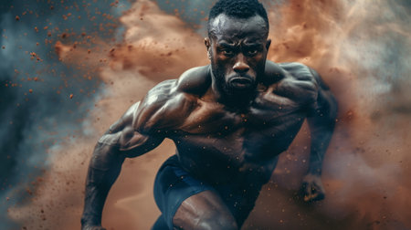 Muscular Man Running Through Dust Cloud During Workoutの素材