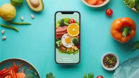 Smartphone Displaying a Healthy Breakfast Meal With Fresh Produce on a Blue Backgroundの素材