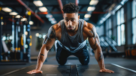 Man Doing Push Ups in Gymの素材
