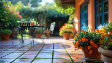 Sunny Day in a Vibrant Garden Patio With Flower Pots and Chairsの素材
