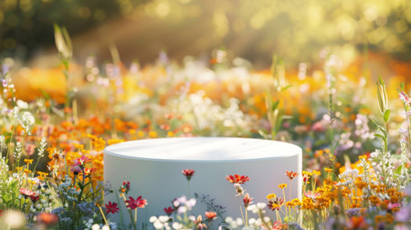 Wildflower Meadow With Sunlit Garden Statue on a Sunny Morningの素材