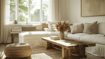 Cozy Sunlit Living Room With Wooden Coffee Table and White Sofa During Daytimeの素材