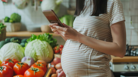 Pregnant Woman Using Cell Phone in Kitchenの素材