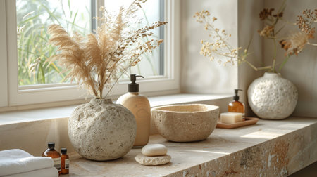 Natural Decor on a Windowsill With a Vase of Dried Pampas Grass and a Stone Bowlの素材