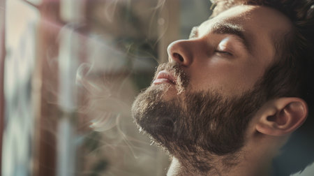 Bearded Man Exhaling Smoke Indoorsの素材