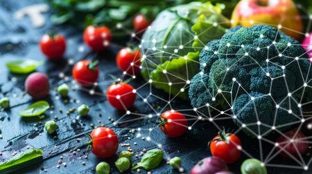 Broccoli, Tomatoes, and Various Vegetables on a Tableの素材