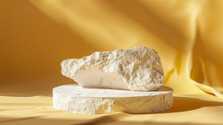 Abstract Stone Display on Marble Pedestal in Bright Sunlight With Yellow Drapesの素材