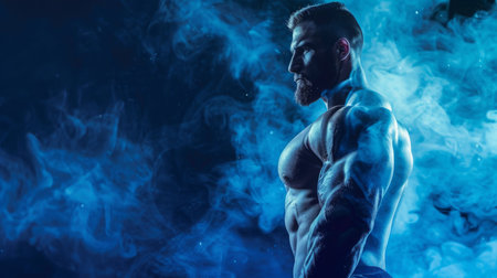Muscular Man Posing in Blue Smoke Against a Dark Backgroundの素材
