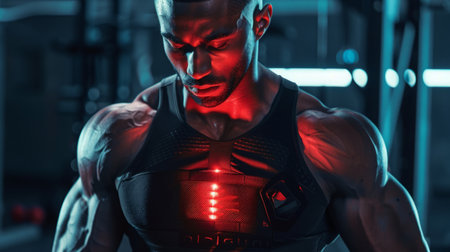 Muscular Man Wearing Red Light Therapy Device in Gymの素材