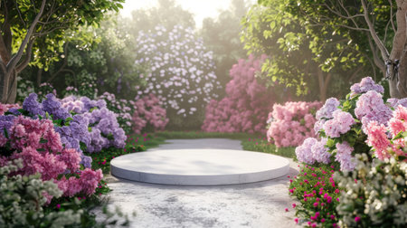 Beautiful Garden With Blooming Flowers and Circular Path in Daylightの素材