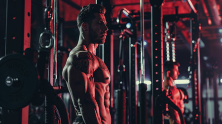 Man Standing in Gym Holding Barbellの素材