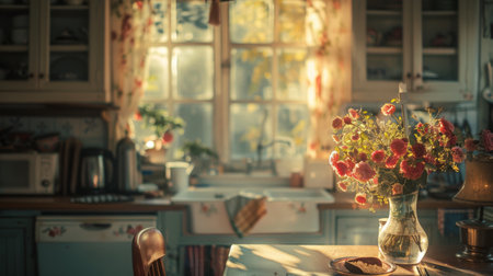 Sunlit Cozy Kitchen With Flower Vase on Table in Early Morningの素材