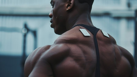 Muscular Man Wearing Electrodes During Workout in Gymの素材