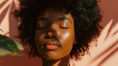 Serene Young Black Woman Enjoying Sunlight Indoorsの素材