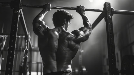 Man Performing Pull Ups in a Gymの素材