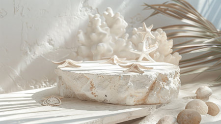 Rustic Coastal Decor With Seashells and Coral on Sunlit Table in Summerの素材