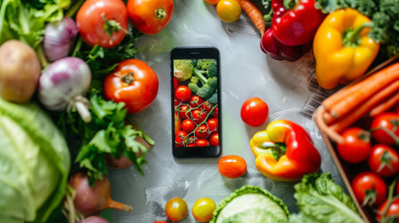 Cell Phone on Table With Vegetablesの素材