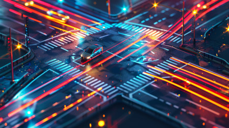 Aerial View of City Intersection at Nightの素材