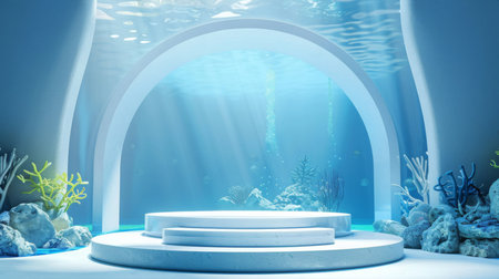 Underwater White Arch With Coral and Marine Life in Sunlit Ocean, Daytimeの素材