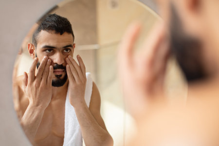 Confident Arab Guy in Modern Bathroom Applying Cream During Morning Skincare Routineの写真素材