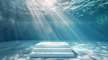 Sunbeams Illuminate White Steps Underwater in a Clear Blue Pool at Noonの素材