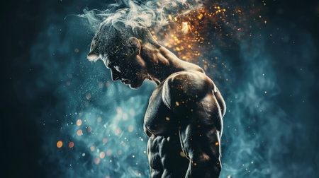Muscular Man With Smoke and Sparks Effect Against a Blue Backgroundの素材