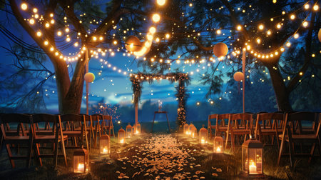 Outdoor Ceremony Lit With Lights and Lanternsの素材