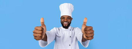 Chef Giving Thumbs up in a Joyful Pose Against a Bright Blue Backgroundの写真素材