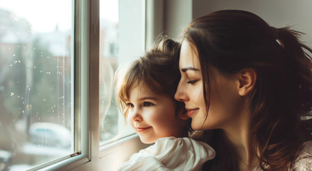 Woman and Child Looking Out a Windowの素材