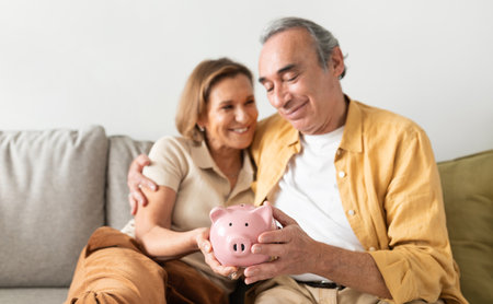 Happy european senior couple holding piggybank and embracing, sitting on sofa in living room interior, free spaceの写真素材