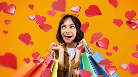 Excited Woman Holds Colorful Shopping Bags and Enjoys Seasonal Sale in Bright Studio Settingの写真素材