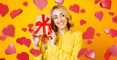 Joyful Woman Enjoys Gift Box With Red Ribbon Against Bright Yellow Background With Heartsの写真素材