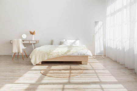 Simple boho home design, fashionable bedroom, sun flareの写真素材