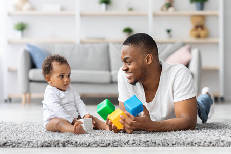 Development Games For Babies. Black Father Playing Stacking Blocks With Infant Childの写真素材