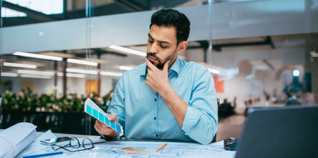 Man Examines Color Palette While Planning Design in Office Space During Daytime Hoursの写真素材